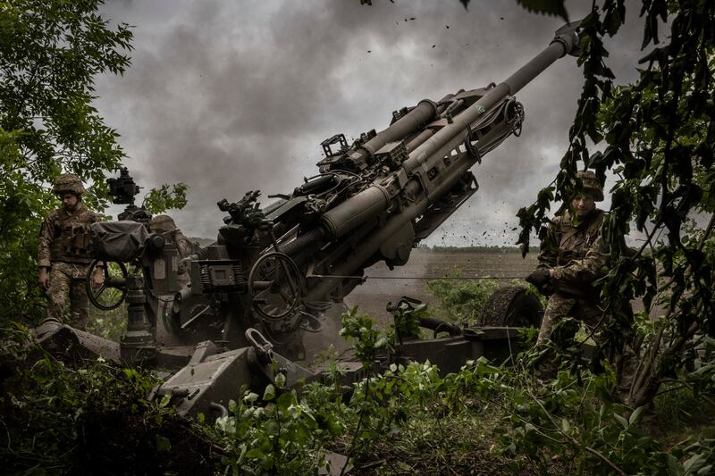 Ukrainian troops operate a Howitzer M777 155mm artillery piece in Donetsk region of eastern Ukraine in May. Photograph: Ivor Prickett/The New York Times