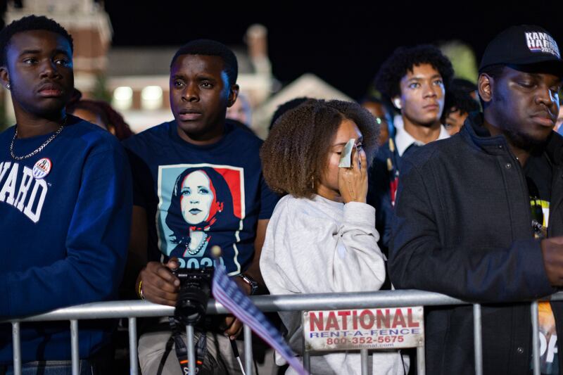 Supporters of Kamala Harris at the Democratic presidential nominee's election night watch at Howard University in Washington, DC. Photograph: Maansi Srivastava/The New York Times
                      