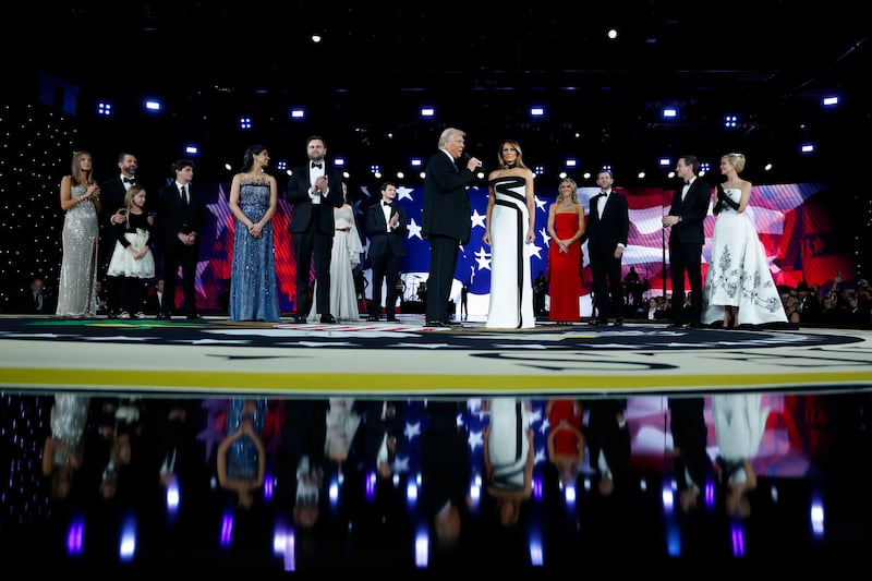 Donald Trump jnr, Usha Chilukuri Vance, US vice president JD Vance, Donald Trump, Melania Trump, Lara Trump, Eric Trump, Jared Kushner and Ivanka Trump at the Liberty Inaugural Ball. Photograph: Anna Moneymaker/Getty Images/Bloomberg 