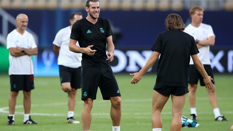 Real Madrid’s Gareth Bale during the training session at the Philip II Arena, Skopje, Macedonia. Photograph: Nick Potts/PA Wire