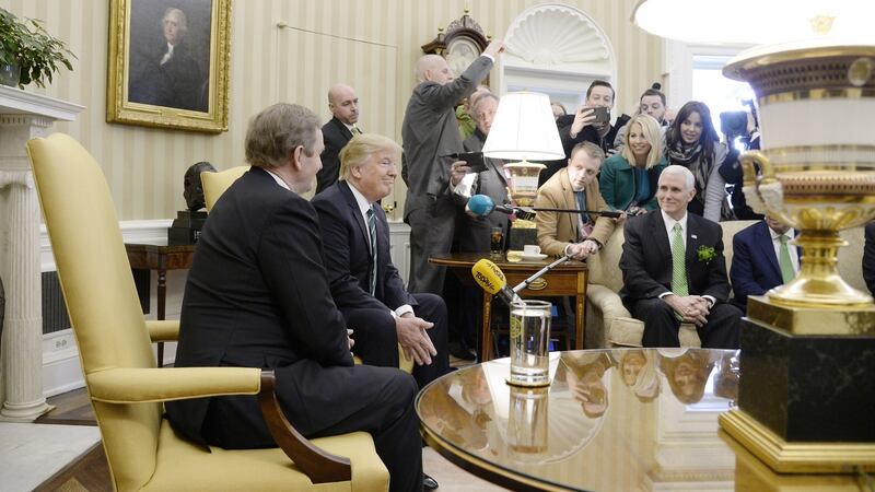 Taoiseach Enda Kenny and US president Donald Trump face a scrum of Irish reporters in the White House, March 16th, 2017.  Photograph: Olivier Douliery/Pool via Bloomberg