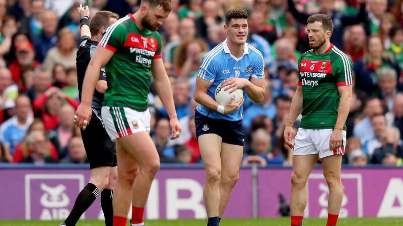 Diarmuid Connolly showed some cuteness which Mayo lacked after winning that late free, telling his team-mates to calm down. Photograph: James Crombie/Inpho