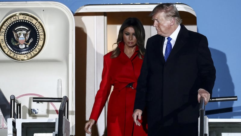 US president Donald Trump and  First Lady Melania Trump arrive at London Stansted Airport for the NATO leaders meeting. Photograph: Simon Dawson/Bloomberg