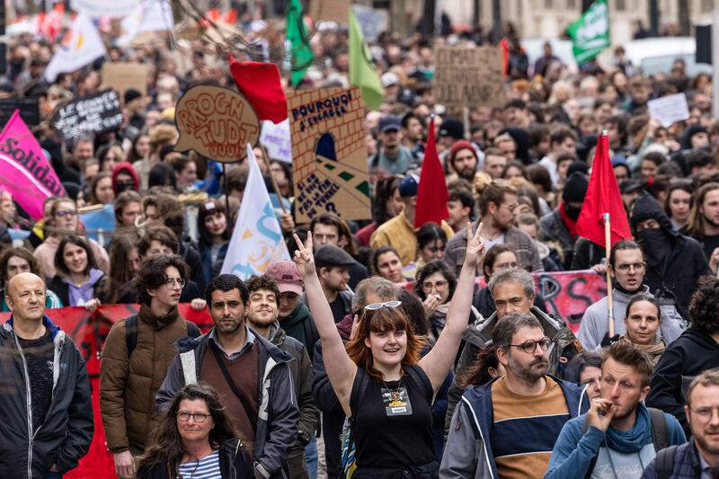 A demonstration in Dijon on Thursday, a week after the French government pushed a pensions reform through parliament without a vote. Photograph: Arnaud Finistre/AFP via Getty Images