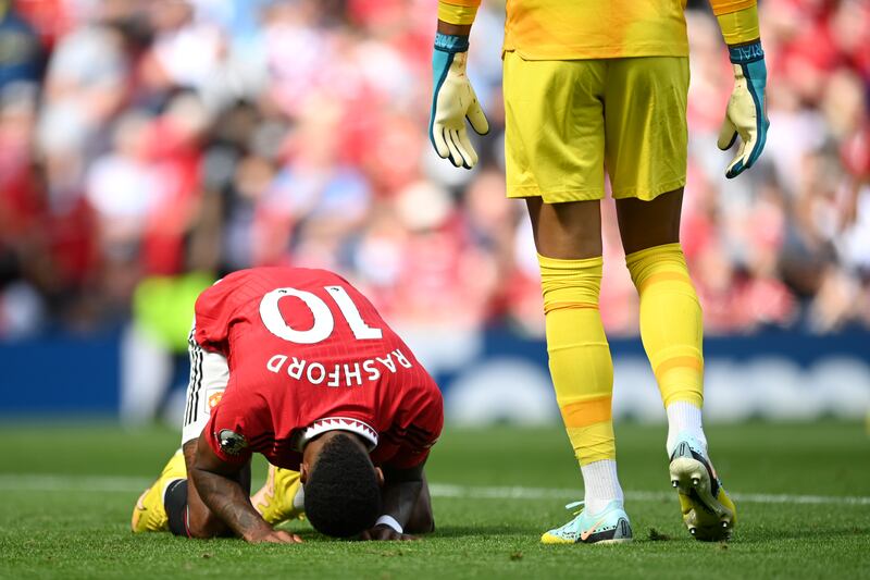 Manchester United player Marcus Rashford reacts after a missed chance during the first Premier League match of the season against Brighton & Hove Albion at Old Trafford. Photograph: Michael Regan/Getty Images