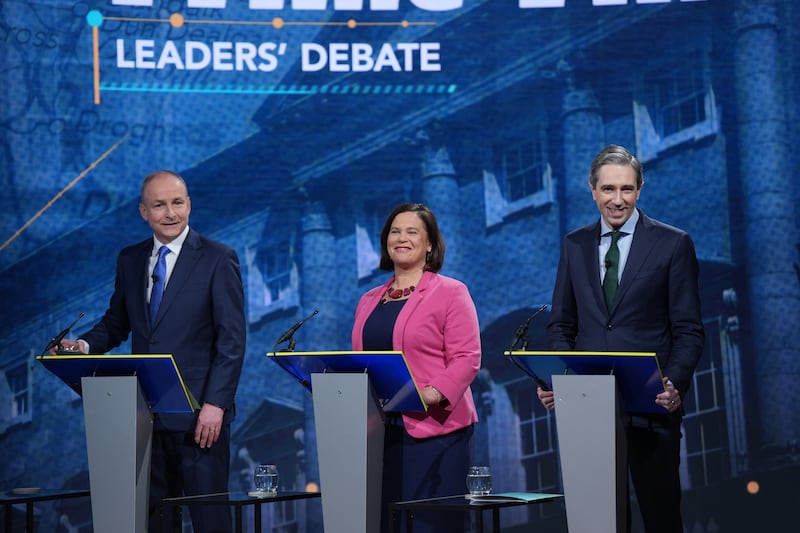 Fianna Fáil leader Micheál Martin, Sinn Féin leader Mary Lou McDonald and Fine Gael leader Simon Harris during a TV leaders’ debate at RTÉ studios in Donnybrook, Dublin. Photograph: Niall Carson/PA