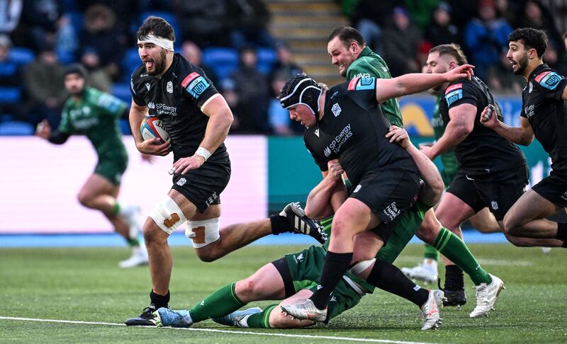 Glasgow’s Alex Samuel makes a break during the BKT United Rugby Championship match against Connacht at Scotstoun. Photograph: Craig Watson/Inpho