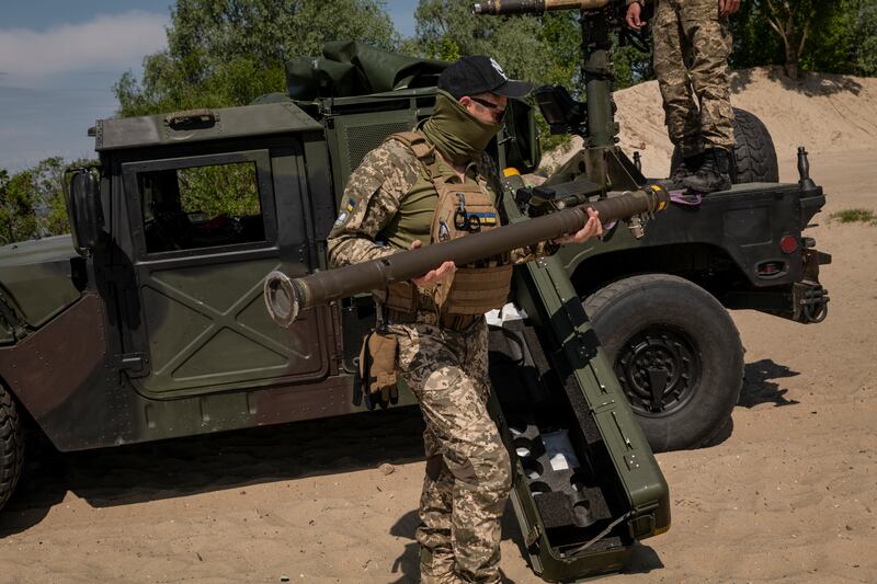 Ukrainian servicemen demonstrate the operation of a mobile air defense system responsible for protecting a patch of sky, near Kyiv on May 23rd. Photograph: Nicole Tung/The New York Times