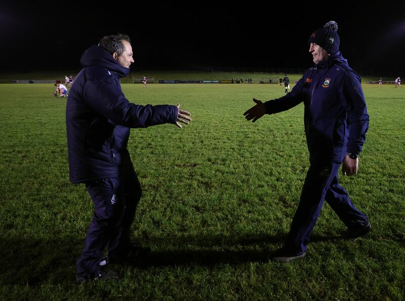 Waterford’s manager Davy Fitzgerald, Waterford manager, and his Tipperary opposite number Liam Cahill after their Munster Hurling League encounter in Mallow last week. Photograph: INPHO