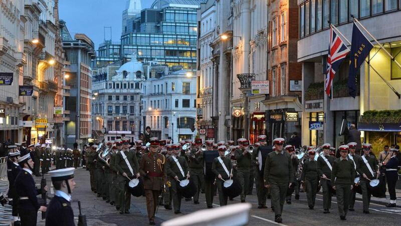 The rehearsal for Margaret Thatcher’s funeral marches up Ludgate Hill. Photograph: Reuters