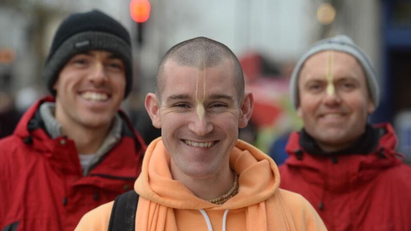 15/1/2014.   - WEEKEND -Sundar Nitai Das, Hare Krishna with Bhakta John (left) and Premarnava Das (right) on O'Connell Street, Dublin.Photograph: Dara Mac Dónaill/The Irish Times