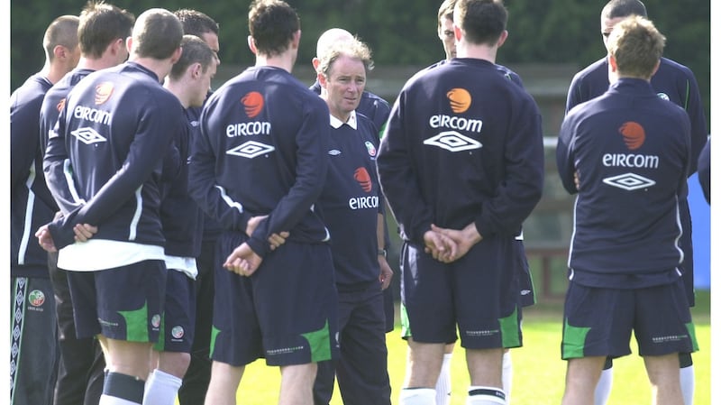 Ireland coach Brian Kerr speaking to squad members during a training session in March 2003. Photograph: Alan Betson