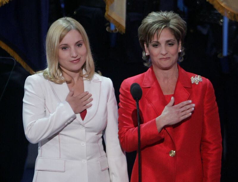 Former gymnasts Kerri Strug and Mary Lou Retton lead the Pledge of Allegiance at the Republican National Convention in New York in September 2004. Photograph: Alex Wong/Getty Images