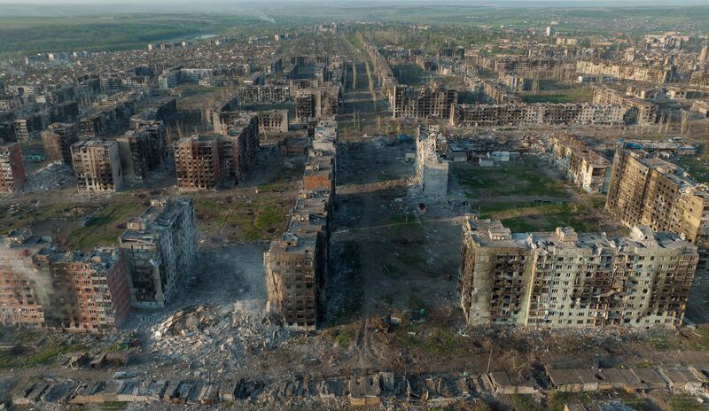 An aerial drone image of the destruction in Bakhmut, Ukraine. Photograph: Tyler Hicks/The New York Times
                     