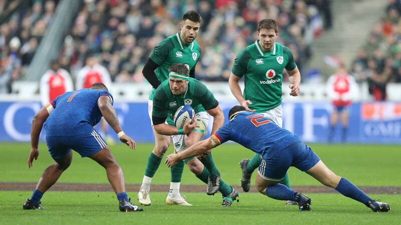 CJ Stander  takes on  Yacouba Camara  and Guilhem Guirado during the Six Nations match in Paris. Photograph: Gareth Fuller/PA Wire