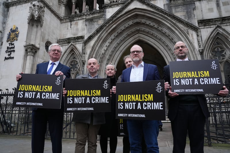 Left to right: Conservative MP David Davis, Barry McCaffrey, Sarah Kavanagh, Daniel Holder from the Committee on the Administration of Justice, journalist Trevor Birney and Patrick Corrigan of Amnesty International, outside the Royal Courts of Justice, in London, ahead of the judgement in the tribunal on December 17th. Photograph: Lucy North/PA Wire