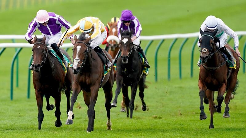 Pretty Gorgeous ridden by Shane Crosse (second left) wins The bet365 Fillies’ Mile at Newmarket. A sharp-eyed TV viewer correctly sported the number nine saddle cloth for Aidan O’Brien’s Snowfall in third place but it actually was on the other Ballydoyle runner Mother Earth by mistake. Photograph: Alan Crowhurst/PA Wire.