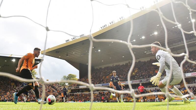 Matt Doherty opens the scoring for  Wolves the Premier League match against Watford at Molineux. Photograph: Nathan Stirk/Getty Images