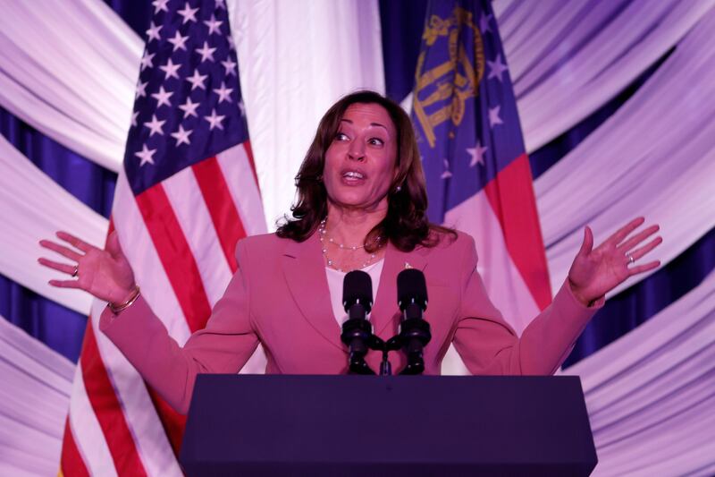 US vice president Kamala Harris speaks at the Democratic Party of Georgia's Spring Soiree in Atlanta, Georgia last week. Photograph: Erik S Lesser/EPA