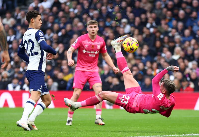 Sammie Szmodics scores for Ipswich Town against Tottenham Hotspur with bicycle kick in their Premier League match at Tottenham Hotspur Stadium on November 10th. Photograph: Clive Rose/Getty Images