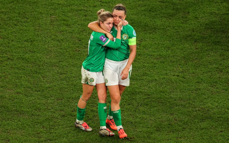 Ireland’s Katie McCabe and Denise O’Sullivan after the defeat by Wales. Photograph: Nick Elliott/Inpho