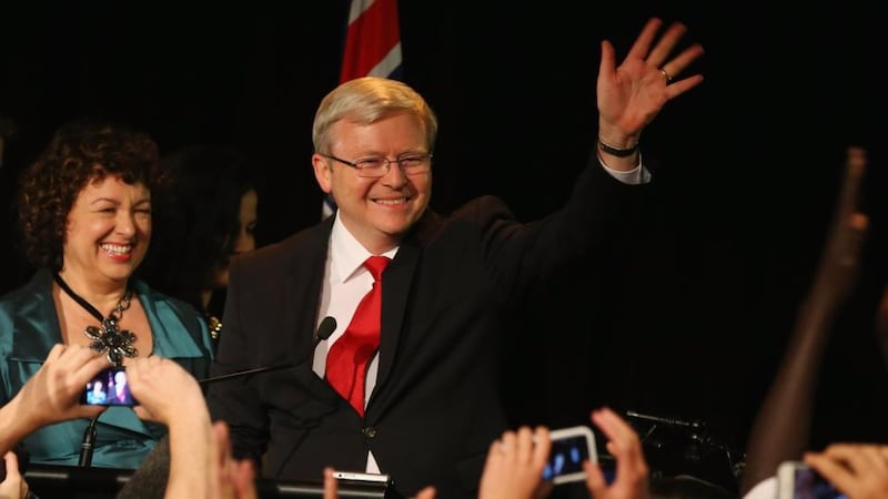 Outgoing  Australian prime minister Kevin Rudd wife his wife Therese acknowledge supporters after conceding defeat in the election today. Photograph: Chris Hyde/Getty Images