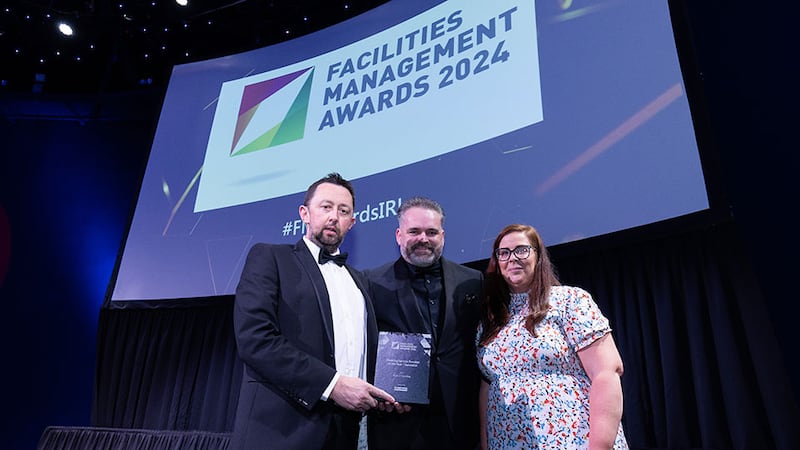 Mark Keeley, sales manager of Karcher Ireland, presents the cleaning service provider of the year – specialist award to Aisling Ryan and Adrian Ryan, Ryans Cleaning