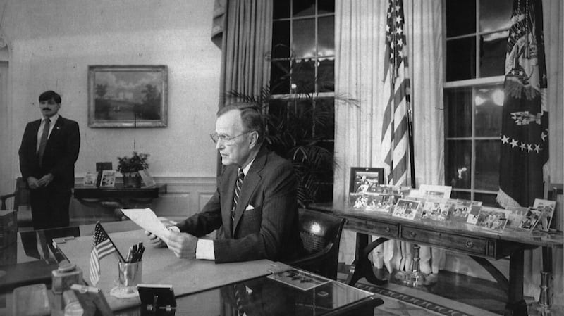 The then US president George HW Bush after a broadcast from the Oval Office, at the White House in Washington on September 27th, 1991. Photograph: The New York Times