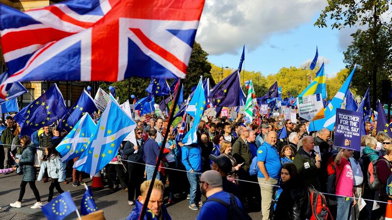 People attend the ‘Together for the Final Say’ march against Brexit in London. Photograph: Vickie Flores/EPA.