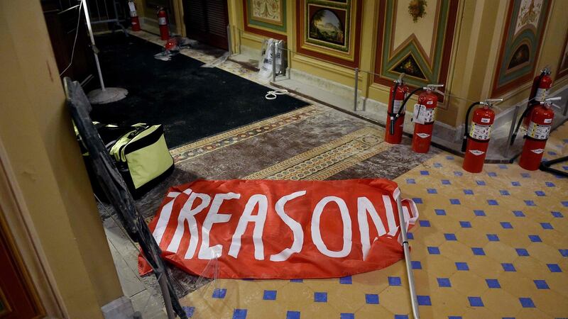 Damage is seen inside the US Capitol building early on Thursday after supporters of president Donald Trump breeched security and entered the building during a session of Congress. Photograph: Olivier Douliery/AFP via Getty Images.