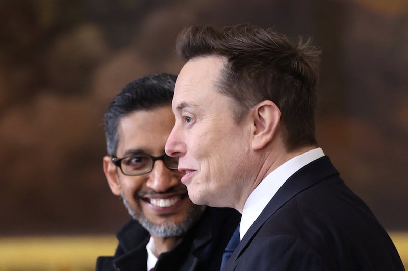 Google chief executive Sundar Pichai and Tesla and SpaceX chief executive Elon Musk chat before the inauguration ceremony for Donald Trump as US president on Monday. Photograph: Kevin Lamarque/AFP