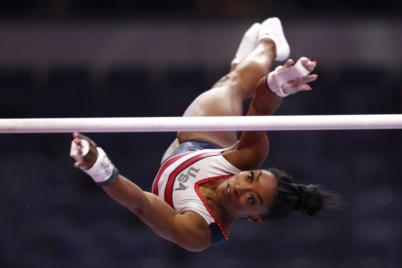 Simone Biles on the uneven bars during the US Olympic trials. Photograph: Jamie Squire/Getty Images