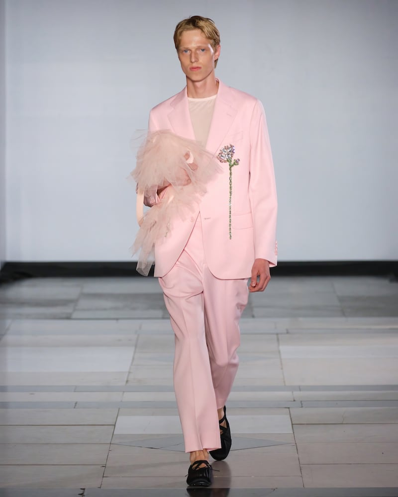 Simone Rocha wove the soft shade into her menswear offering with wide-leg trousers and floral-encrusted suiting. Photograph: Ben Broomfield