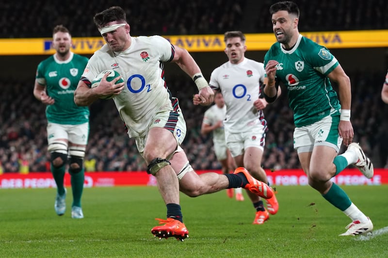 England's Tom Curry scores his side's second try late on against Ireland. Photograph: Brian Lawless/PA Wire