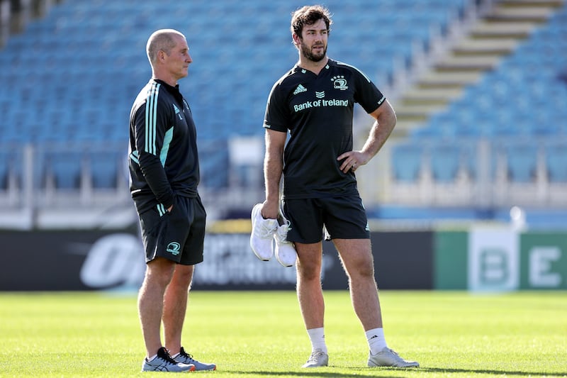 Former Leinster coach Stuart Lancaster and Caelan Doris. Photograph: Laszlo Geczo/Inpho