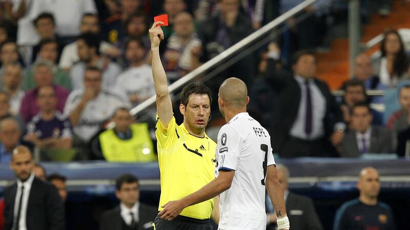 Referee Wolfgang Stark sends off Pepe against Barcelona in 2011. Photograph: Getty Images