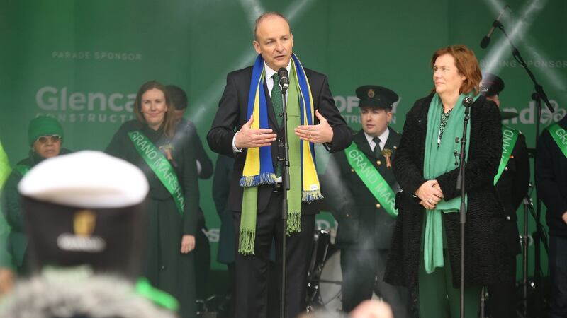 Taoiseach Micheál Martin speaks on stage in Trafalgar Square after the St Patrick’s Day parade in London. Photograph: James Manning/PA Wire