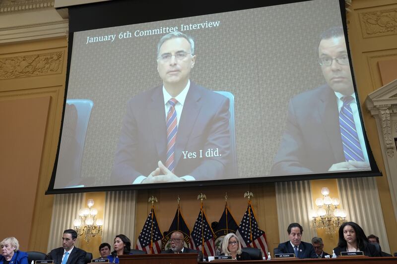 Video of testimony by former White House counsel Pat Cipollone is played during the  public hearing of the January 6th committee on Tuesday.  Photograph: Doug Mills/New York Times