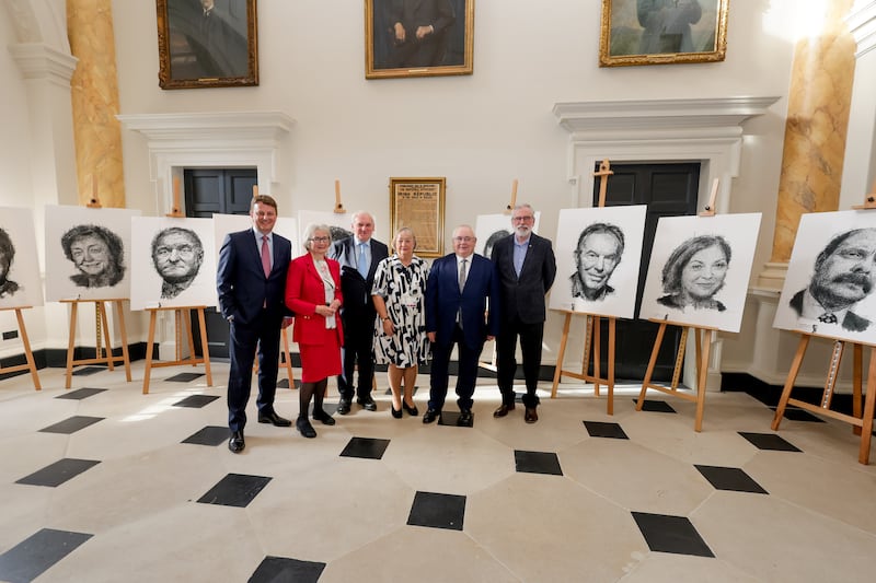 Ceann Comhairle Seán Ó Fearghaíl (second from right) with (from left) David Kerr, former director of communications, Ulster Unionist Party, Bríd Rodgers, leader of SDLP team in Good Friday Agreement negotiations, former taoiseach Bertie Ahern, Monica McWilliams, co-founder of Northern Ireland Women’s Coalition, and Gerry Adams, former president of Sinn Féin. Photograph: Maxwell’s