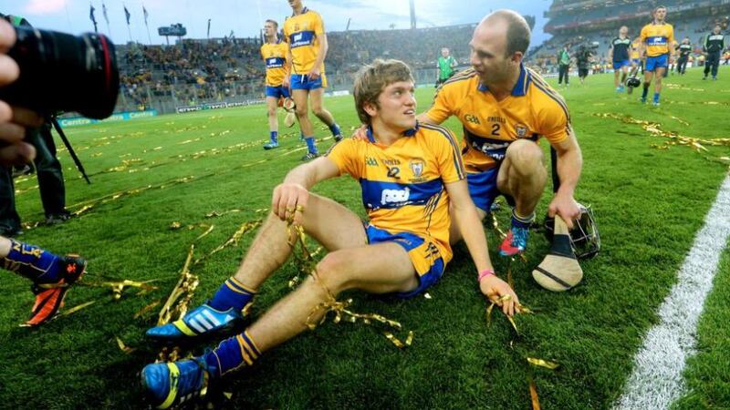 Hero of the drawn encounter Domhnall O’Donovan with Clare’s man of the match Shane O’Donnell at the end of a pulsating  All-Ireland senior hurling final replay. Photo: James Crombie/Inpho