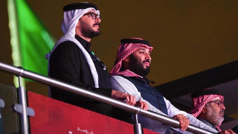 A handout picture provided by the Saudi Royal Palace shows Saudi Crown Prince Mohammed bin Salman attending the fight. Photo: Bandar Al-Jaloud/Saudi Royal Palace/AFP via Getty