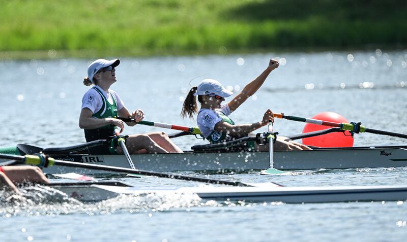 Ireland’s Margaret Cremen and Aoife Casey in action at the World Championships in Belgrade. Photograph: Detlev Seyb/Inpho