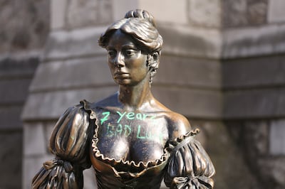 A previous incident of vandalism saw '7 years bad luck' scrawled on the Molly Malone statue on Suffolk St, Dublin. Photograph: Gareth Chaney/Collins Photos.