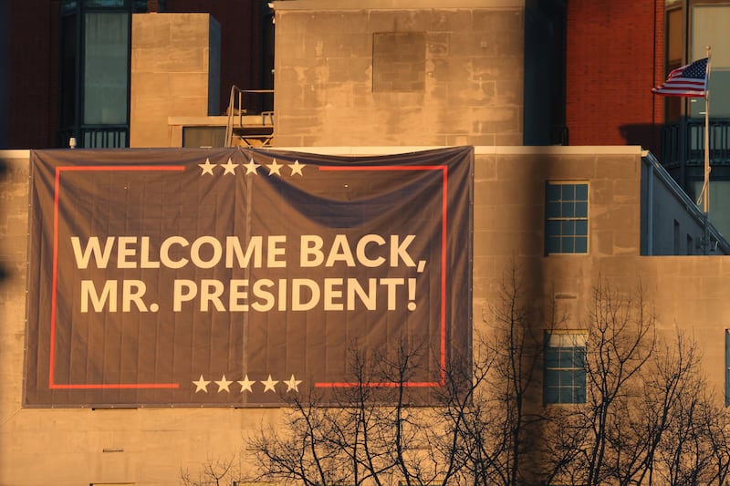 A sign of support for Donald Trump on a building in Washington, DC on Monday. Photograph: Scott Olson/Getty Images