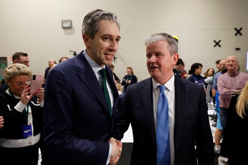 Taoiseach Simon Harris and Cllr Edward Timmins in the Greystones count centre this weekend. Photograph Nick Bradshaw 

