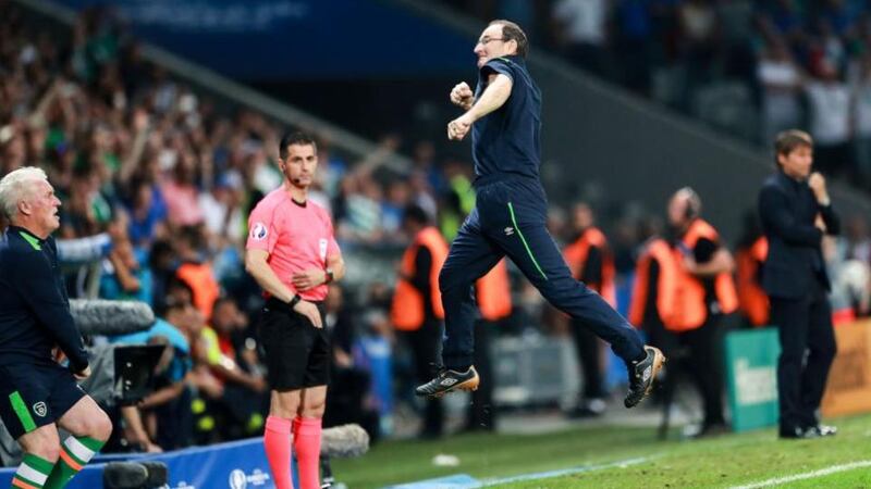 Martin O’Neill at Ireland’s Italy match at Euro 2016: he is able to shake performances from sometimes middling, underdog XIs at just the right moment. Photograph: James Crombie/Inpho