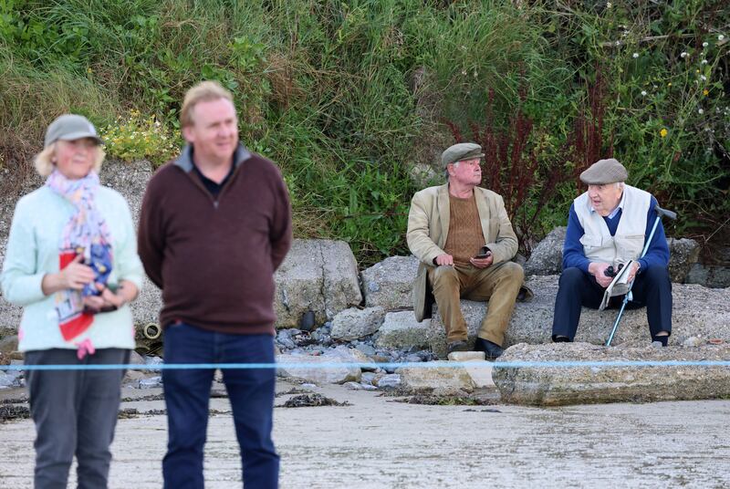 Alec Jeffrey and Michael McNamara (back), both from Bettystown at the Laytown Races. Photograph: Dara Mac Dónaill/The Irish Times