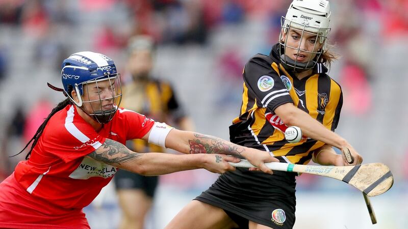 Cork’s Ashling Thompson blocks Kilkenny’s Davina Tobin. Photograph: Oisin Keniry/Inpho