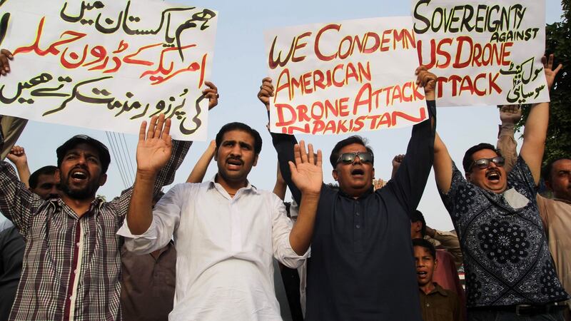 Pakistani civil society activists  in Multan protest on Monday against the US drone strike that killed Taliban chief Mullah Akhtar Mansour. Photograph:  SS Mirza/AFP/Getty Images