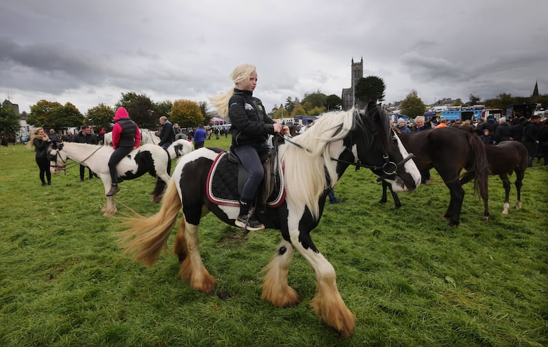 Charlotte Fogarty Harding from Tipperary on her new pony Guinness at the 2024 Ballinasloe Horse fair. Photograph: Alan Betson / The Irish Times

